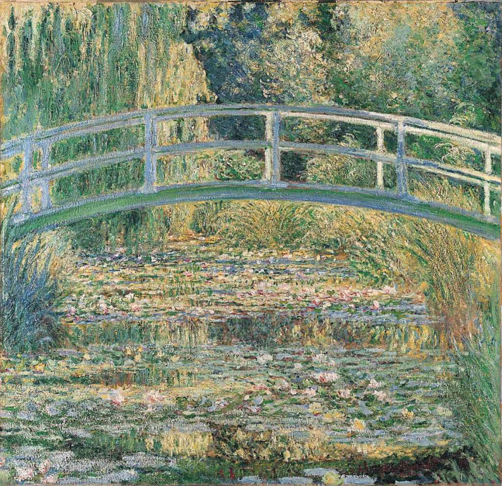 London National Gallery Next 20 18 Claude Monet - The Water-Lily Pond Claude Monet - The Water-Lily Pond 1899, 88 x 92 cm. Monet moved to Giverny in 1883. In 1893 he acquired a small pond and created a water garden with an arched bridge in the Japanese style, copied from a print that hung in his dining room. In 1899, when the vegetation of the water garden was at its most luxuriant, he began a series of views across the pond to the arching bridge. Here the garden is shown in slanting summer afternoon light, in cool harmonies of green and mauve balanced by bright yellow reflections and vivid red and white water lilies.